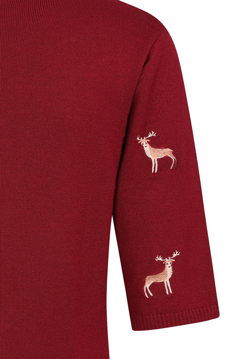 Burgundy Embroidered Deer Short Sleeve Sweater by Banned