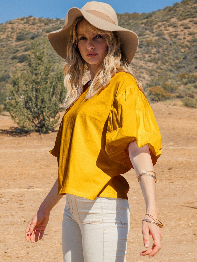 Mustard Jersey Puff Sleeve Top