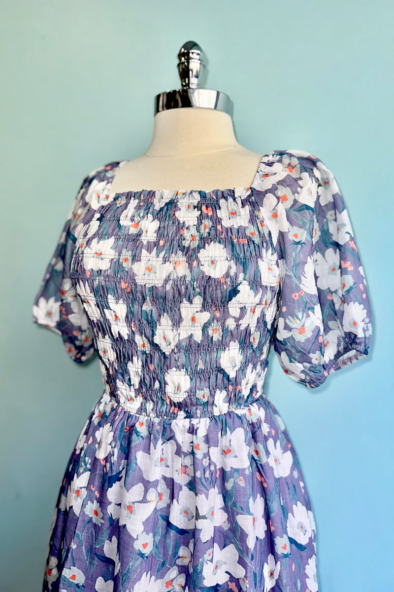 Lavender Floral Bubble Sleeve Midi Dress