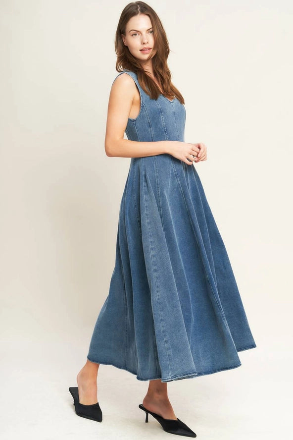 sleeveless denim midi dress INDIGO SWAY DENIM MIDI DRESS