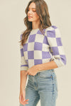 Lavender and Cream Checker Puff Sleeve Sweater