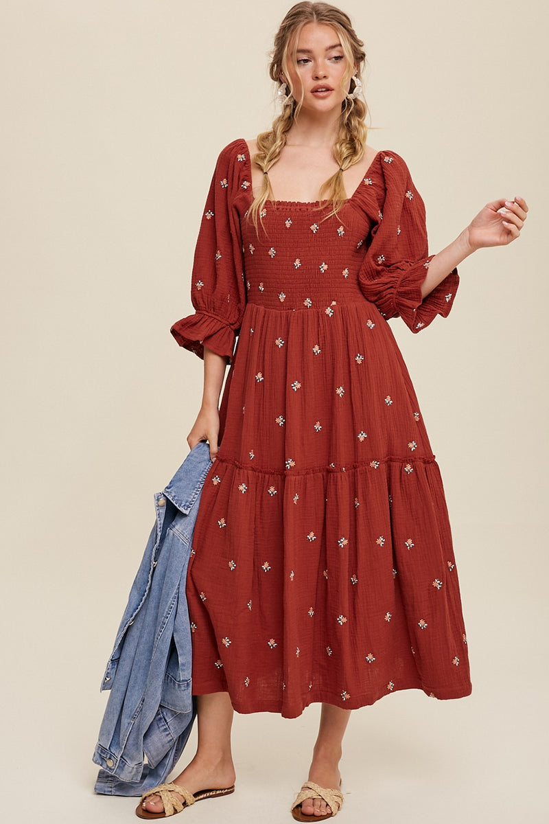 Embroidered Floral Smocked Midi Dress in Brick
