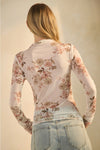 Ivory Floral Mesh Long Sleeve Mock Neck Sheer Top
