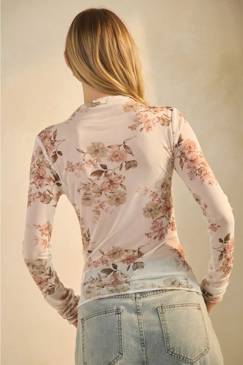 Ivory Floral Mesh Long Sleeve Mock Neck Sheer Top