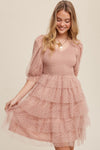 Pink Polka-Dot Mesh Tiered Dress