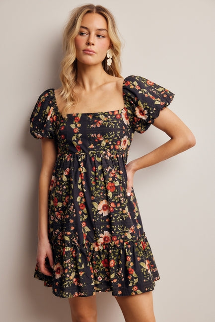 Black Floral Puff Sleeve Mini Dress – Modern Millie