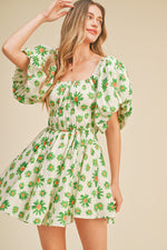 Green Daisy Bubble Sleeve Mini Dress