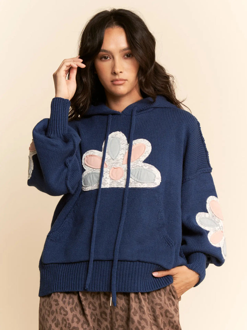 Patchwork Sweater Hoodie in Navy