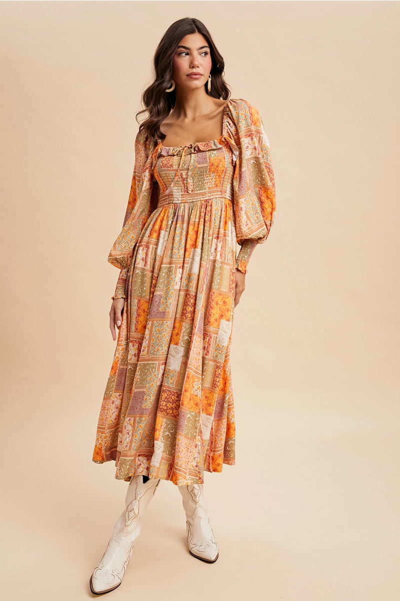 Smocked Ruffled Patchwork Maxi Dress