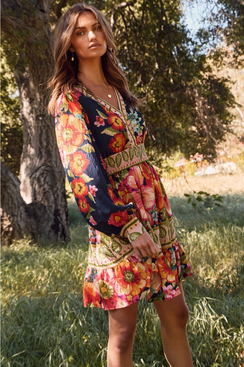 Navy Floral Long Sleeve Mini Dress