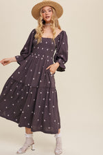 Embroidered Floral Smocked Midi Dress in Charcoal