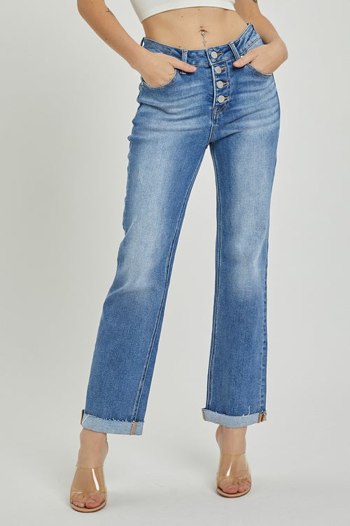 High Rise Button Fly Ankle Straight Leg Ankle Jeans by Risen Jeans