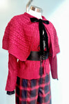 Cable Knit Capelet Cardigan with Velvet Bow in Burgundy
