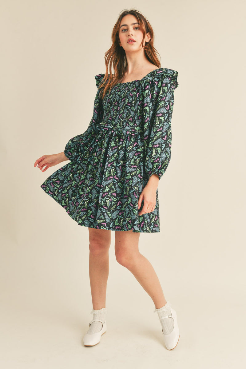 Magenta and Turquoise Leaf Ruffle Sleeve Mini Dress