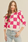 Pink and Cream Checker Puff Sleeve Sweater