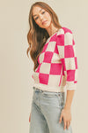 Pink and Cream Checker Puff Sleeve Sweater