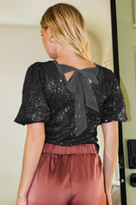 Black Sequin Puff Sleeve Top