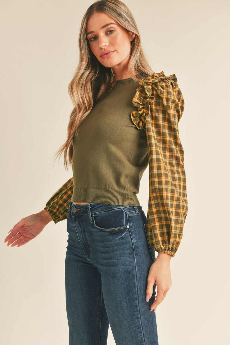 Olive Sweater with Plaid Puff Sleeves