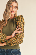 Olive Sweater with Plaid Puff Sleeves