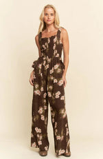 Daisy Smocked Wide Leg Jumpsuit in Mocha Brown