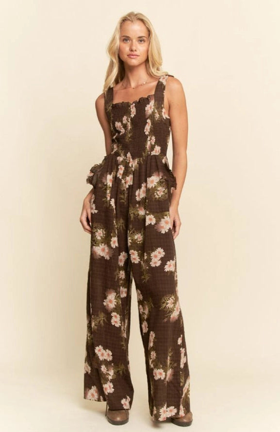 Daisy Smocked Wide Leg Jumpsuit in Mocha Brown