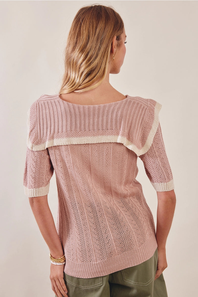 Pink Open Knit Sailor Collar Short Sleeve Sweater – Modern Millie
