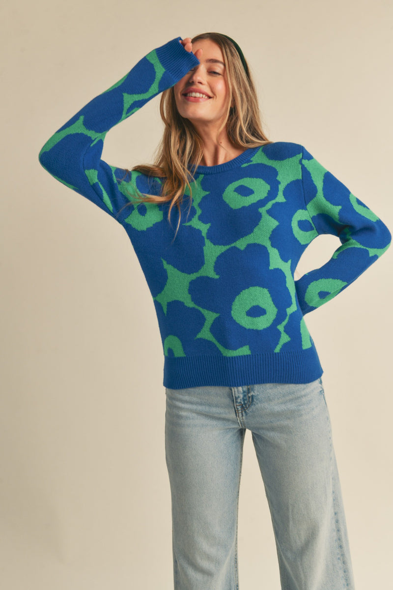 Cobalt and Green Large Scale Floral Print Sweater