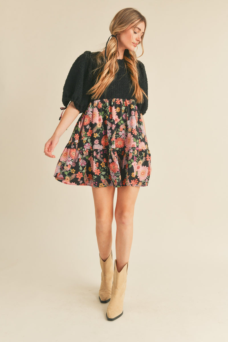 Boucle and Floral Balloon Sleeve Mini Dress