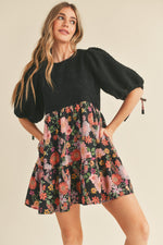 Boucle and Floral Balloon Sleeve Mini Dress