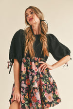 Boucle and Floral Balloon Sleeve Mini Dress