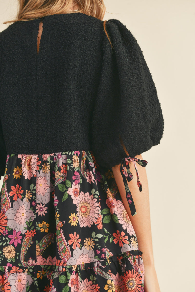 Boucle and Floral Balloon Sleeve Mini Dress