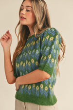 Spring Floral Elbow Length Sweater in Green