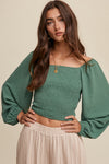 Green Square Neck Puff Sleeve Top