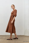Brown Cotton Bubble Sleeve Midi Dress