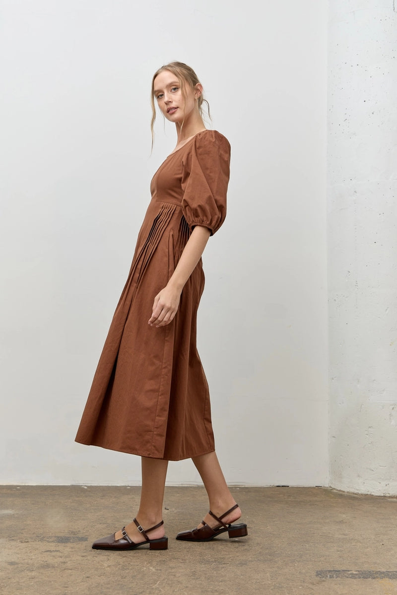 Brown Cotton Bubble Sleeve Midi Dress