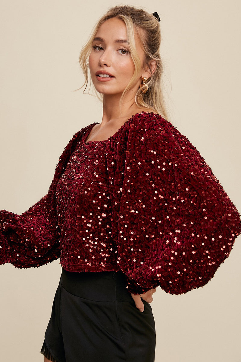 Burgundy Sequin Square Neck Puff Sleeve Top