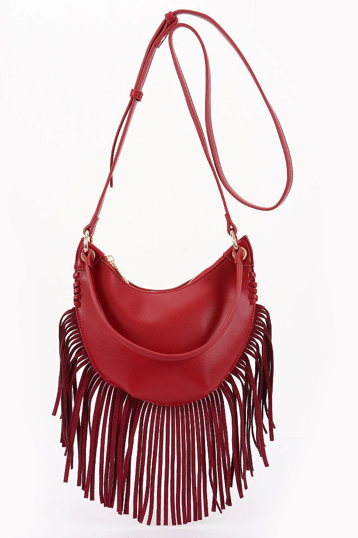 Burgundy Fringe Trimmed Faux Leather Crossbody Bag