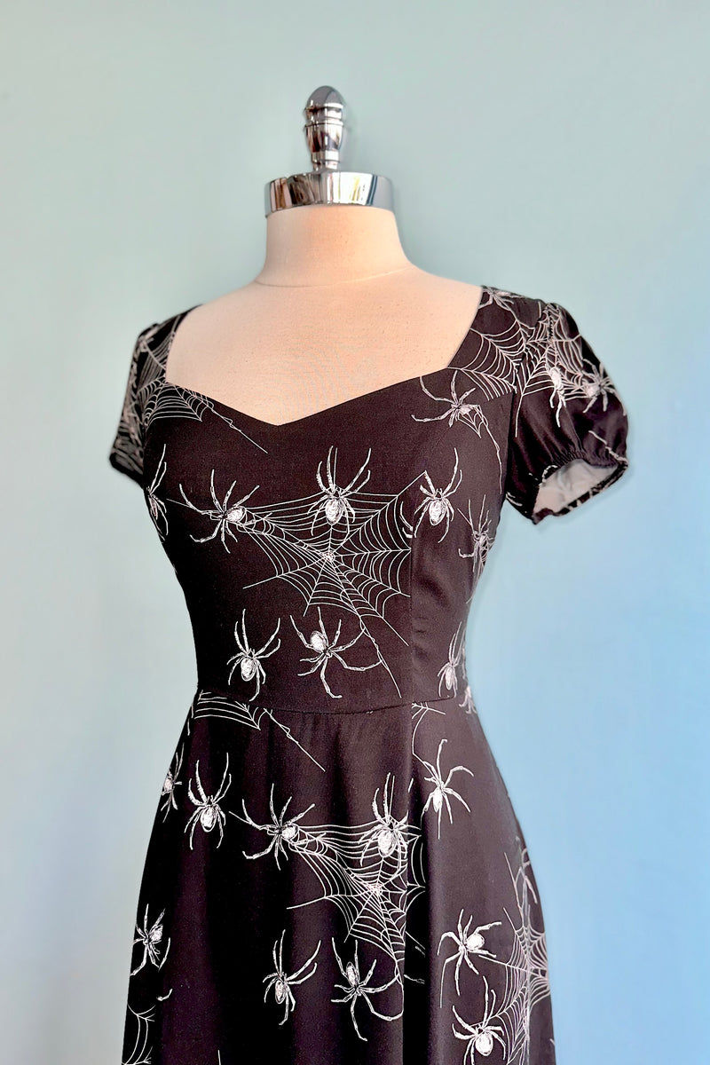 Black Puff Sleeve Spider Midi Dress by Hell Bunny