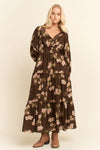 Brown Floral Long Sleeve Midi Dress
