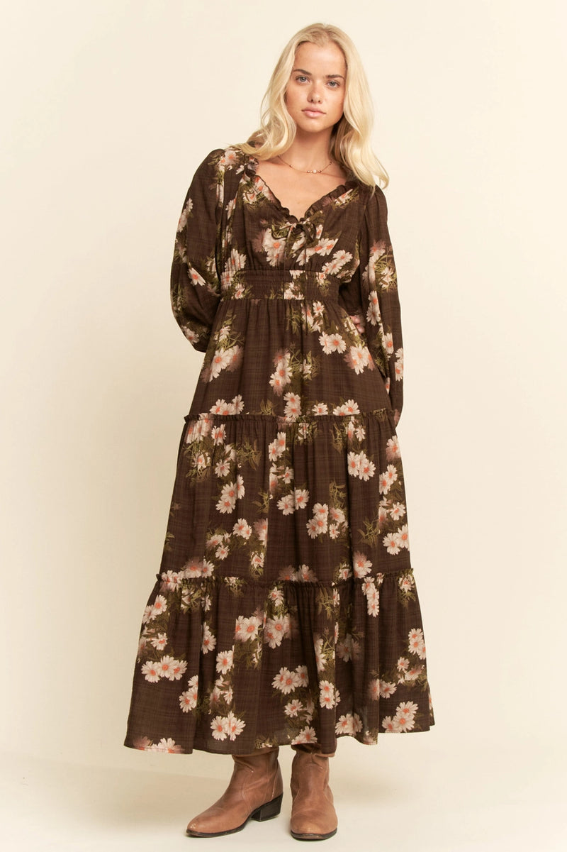 Brown Floral Long Sleeve Midi Dress