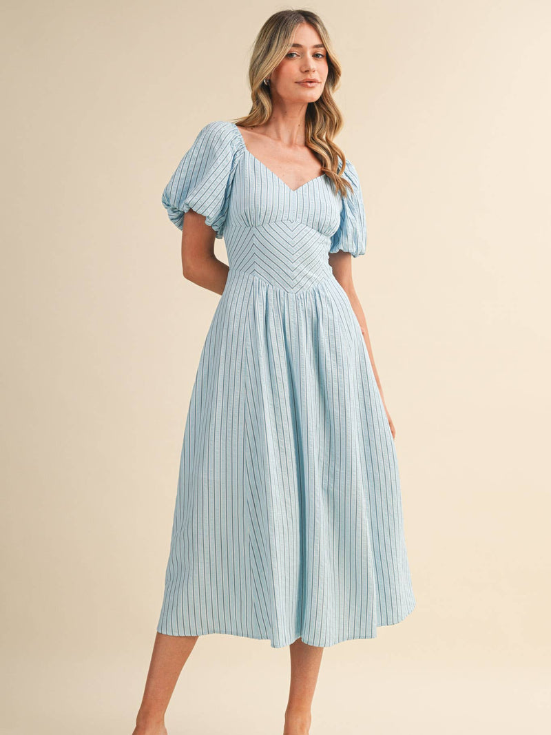 tie back puff sleeve midi dress Light Blue Puff Sleeve Tie Back Midi Dress – Modern Millie