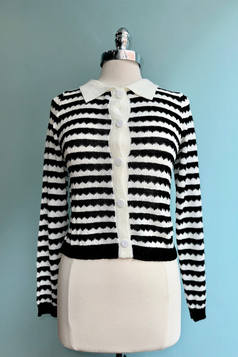 Black and White Cropped Collared Cardigan by Compania Fantastica