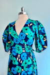 Emerald and Navy Balloon Sleeve Wrap Dress