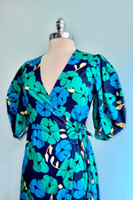 Emerald and Navy Balloon Sleeve Wrap Dress