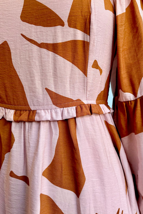 Abstract Pink and Brown Lantern Sleeve Midi Dress