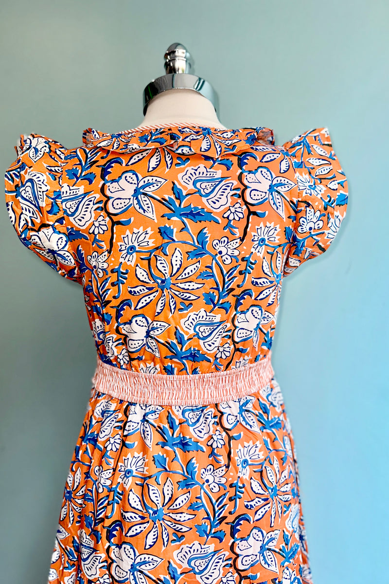 Orange and Blue Floral Ruffle Sleeve Midi Dress