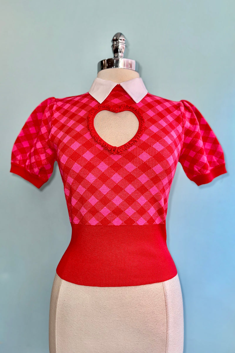 Red and Pink Collared Heart Cut-Out Short Sleeve Sweater