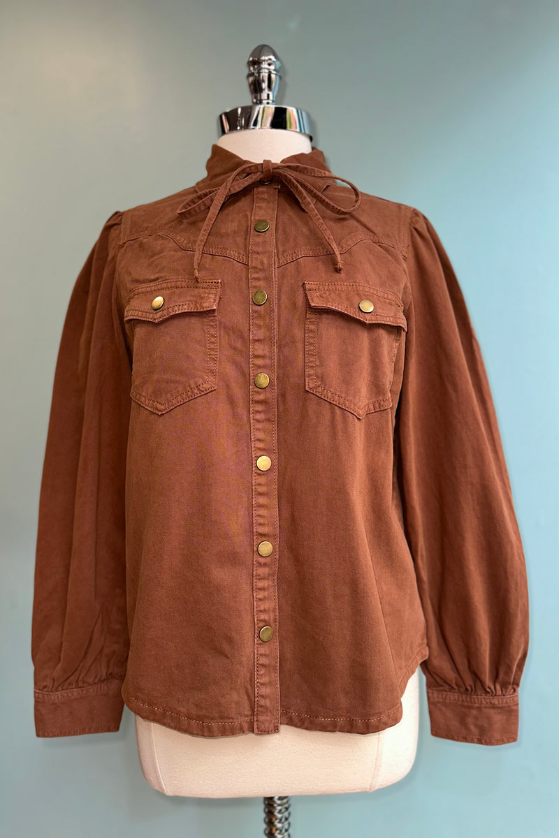 Mocha Denim Puff Sleeve Button Down Top