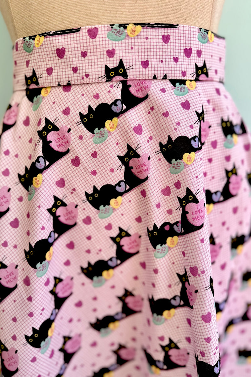 Pink Conversation Hearts and Black Cats Skater Skirt by Retrolicious