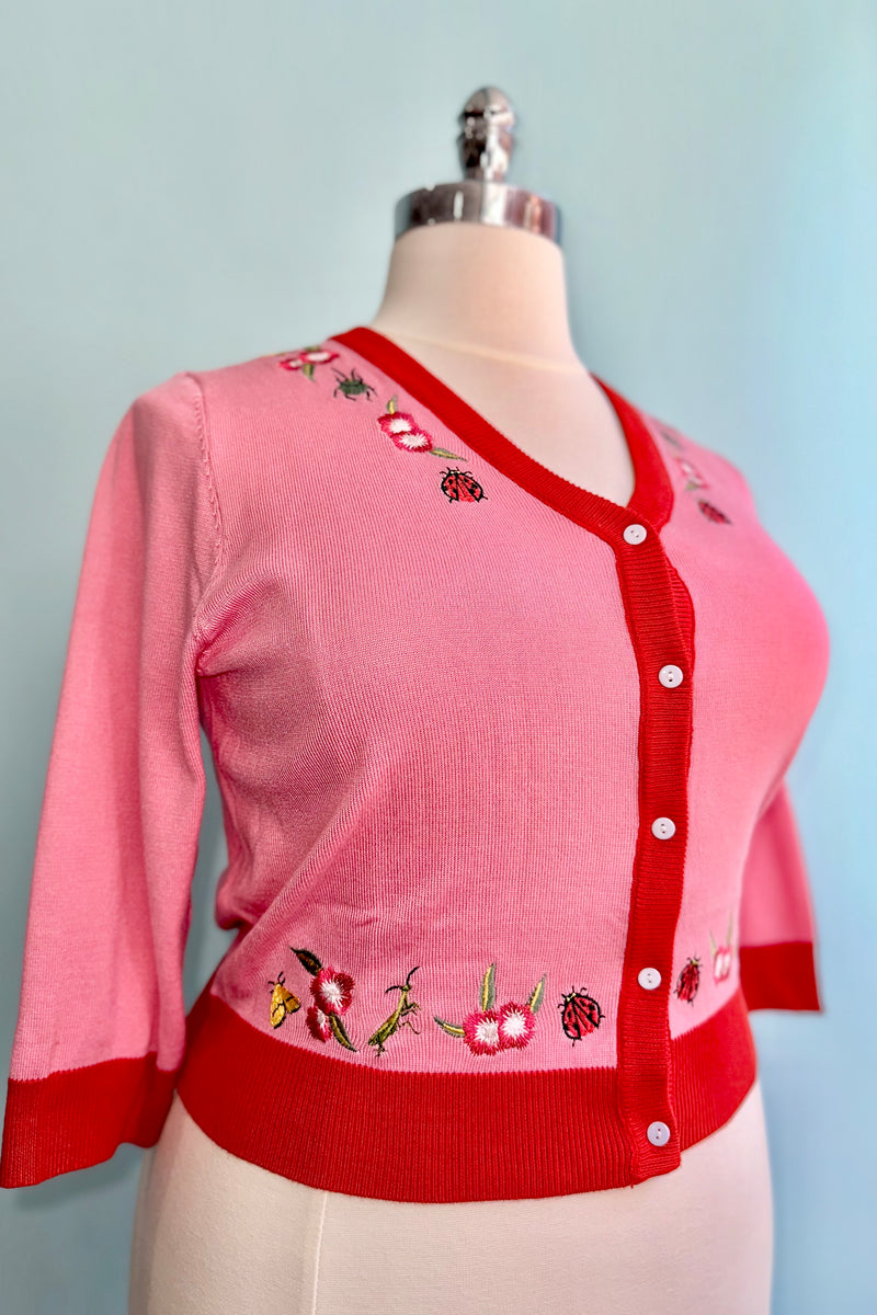 Insects and Flowers Embroidered Skye Cardigan in Pink by Miss Lulo
